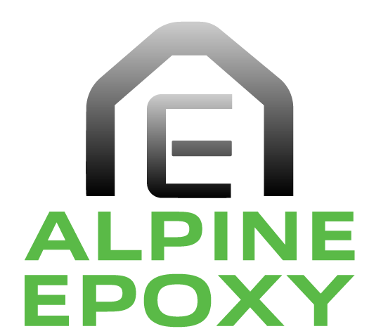 Logo for "Alpine Epoxy," featuring a stylized house and letter "E." The words are in bold green font below the icon.