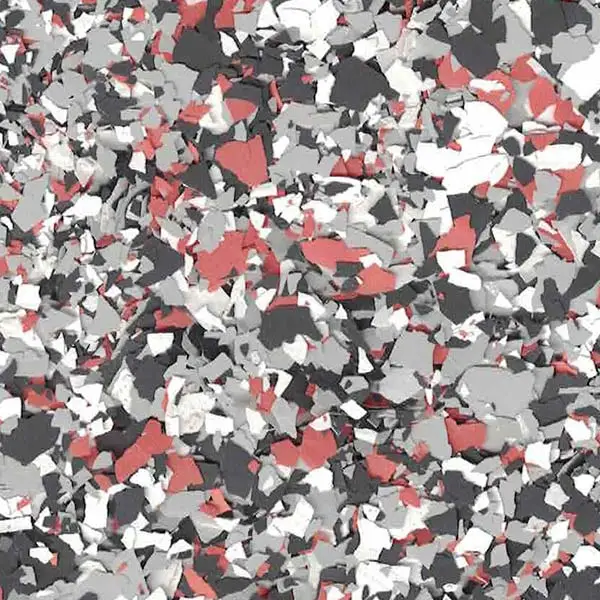 The image shows a chaotic, multicolored pattern with red, black, gray, and white shapes creating a random, abstract design without identifiable objects.